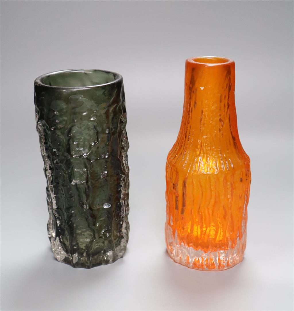 A Whitefriars cylindrical bark-textured pewter glass vase, 18.5cm, and a similar tangerine glass vase, 20cm